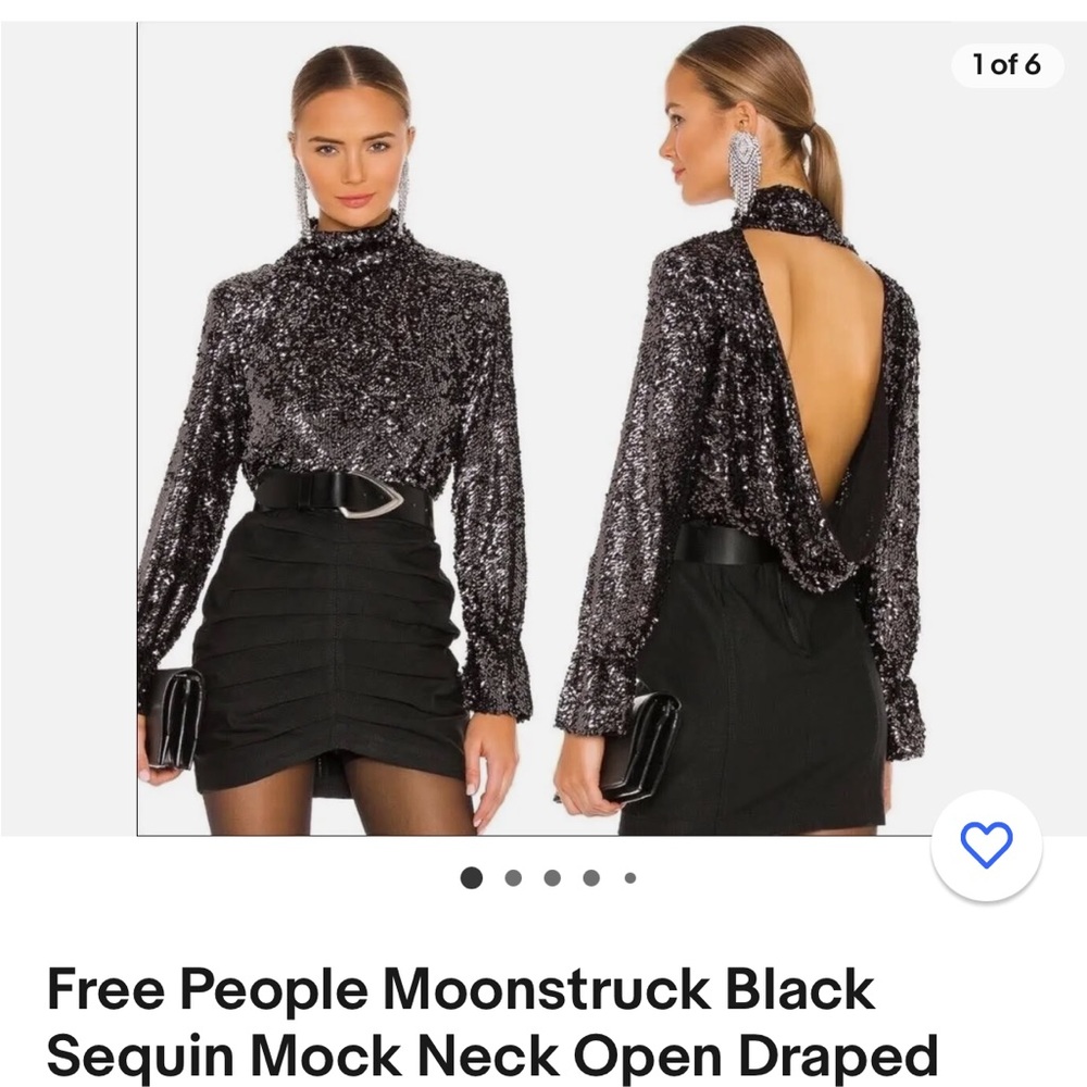 Free People Black Sequin Mock Neck Open Draped Blouse